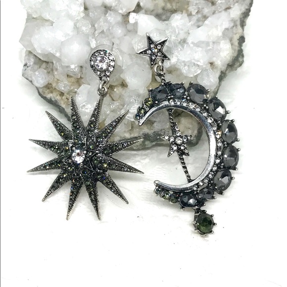 NEW 💎 Large Sun Moon Rhinestone Gunmetal Earrings - Picture 2 of 7